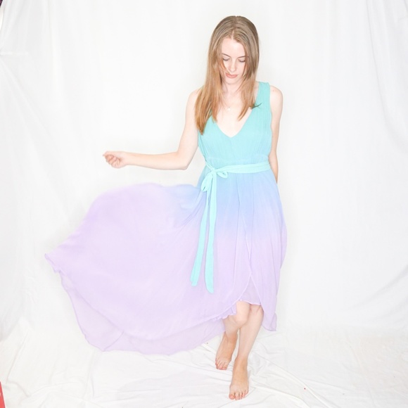 LUDI Ombre Teal Lilac Maxi Dress Belt VS 12 L - Picture 6 of 7
